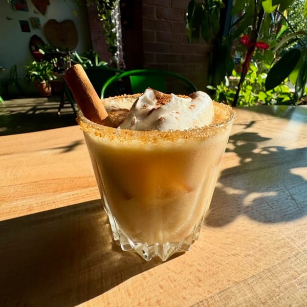 Vegan iced drink with whipped cream, cinnamon stick, and sugar rim on a sunlit wooden table.